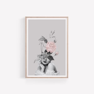 Flower Head Woman Collage Artwork Head Of Flowers Wall Art Surreal Portrait Of Girl with Vintage Rose Digital Printable Fashion Wall Decor
