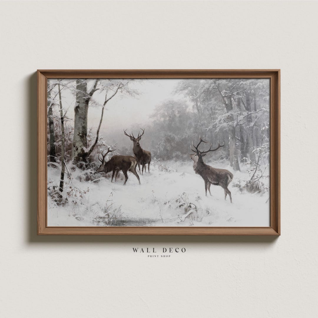 Vintage Deer Painting: Winter Landscape Printable Wall Art (digital ...