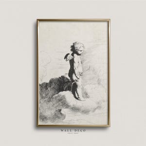 Vintage Cupid Etching Drawing, Valentine&#39;s Day Wall Art, Valentine Digital Printable, Valentine Cupid Print, Instant Download Wall Art