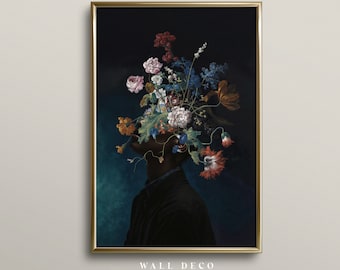 花の頭を持つ女性のアートプリント：シュールなヴィンテージ風の花の肖像（デジタルダウンロード）
