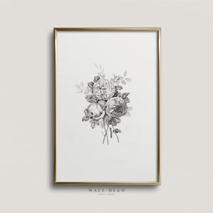 Vintage Neutral Floral Illustration Print, Antique Botanical Drawing Art, Modern Farmhouse Downloadable Wall Art, French Country Home Decor