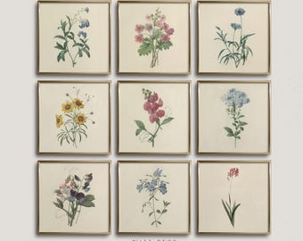 May include: Nine framed botanical prints featuring various flowers in shades of blue, pink, yellow, and red. Each print is in a gold frame and set against a cream background. The text "WALL DECO PRINT SHOP" is at the bottom.
