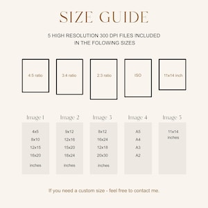 May include: A size guide for digital prints, showing five different image sizes and their corresponding dimensions in inches. The sizes include 4x5, 8x10, 12x15, 16x20, 9x12, 12x16, 15x20, 18x24, 8x12, 16x24, 12x18, 20x30, A5, A4, A3, A2, and 11x14 inches.