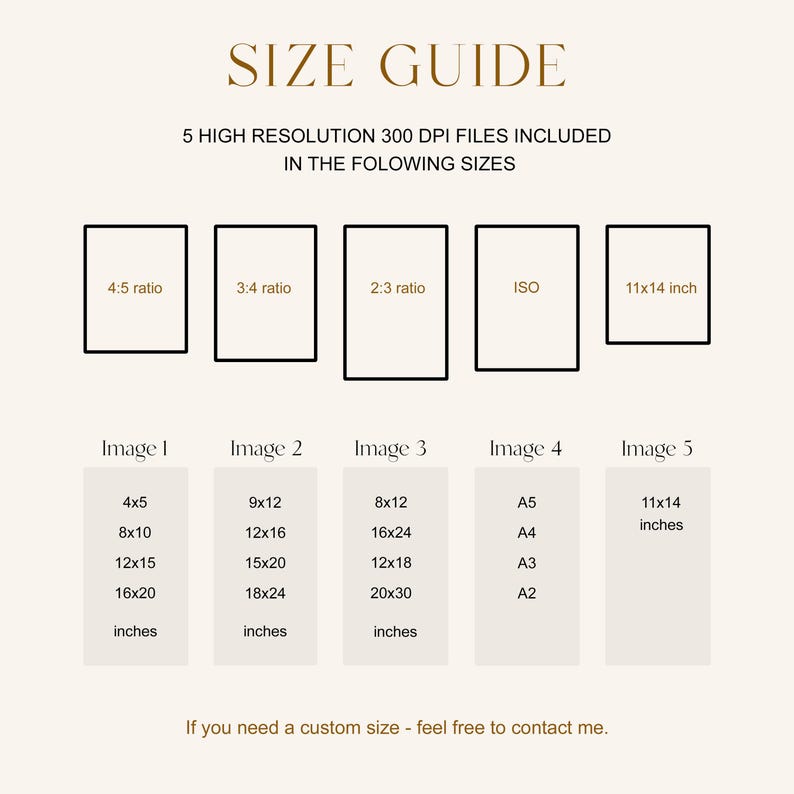 May include: A size guide for digital prints, showing five different image sizes and their corresponding dimensions in inches. The sizes include 4x5, 8x10, 12x15, 16x20, 9x12, 12x16, 15x20, 18x24, 8x12, 16x24, 12x18, 20x30, A5, A4, A3, A2, and 11x14 inches.