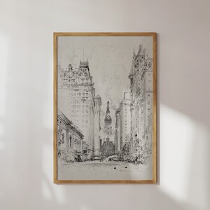 May include: A black and white sketch of a city street with tall buildings and a tall building in the distance. The buildings have intricate details and the street is empty.