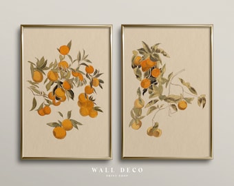 Orange Watercolor Painting, Set of 2 Farmhouse Kitchen Prints, Vintage Orange Tree Painting, Mediterranean Kitchen Wall Decor, Printable Art
