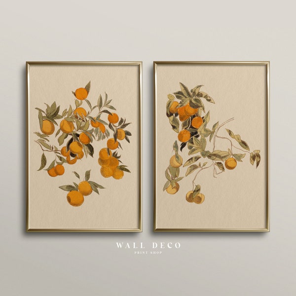 Orange Watercolor Painting, Set of 2 Farmhouse Kitchen Prints, Vintage Orange Tree Painting, Mediterranean Kitchen Wall Decor, Printable Art