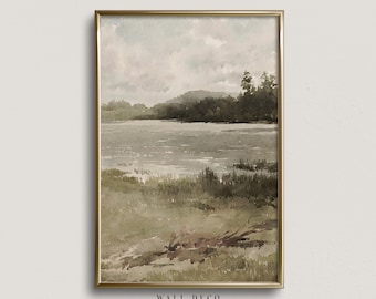 Vintage Muted Green Landscape Watercolor Print: Rustic Farmhouse Wall Art (Digital Download)
