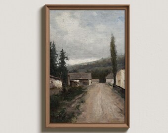 Vintage European Landscape Painting: Rustic Farmhouse Art Print (Digital Download)