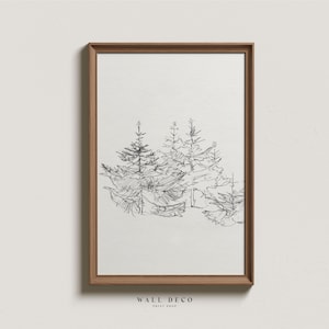 Vintage Pine Tree Sketch: Minimalist Winter Landscape Art (Digital Download)