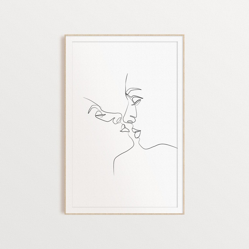 Couple Print Fine Line Couple Wall Art Love Print Kiss Etsy