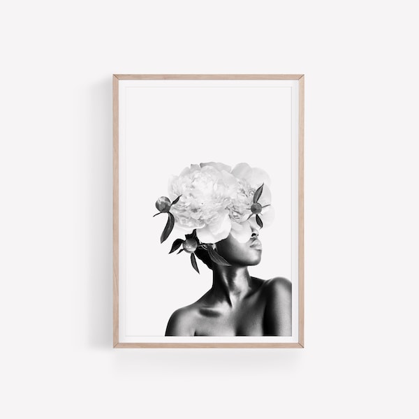 Flower Head Woman Collage Artwork Head Of Flowers Wall Art Black Woman Portrait With Peonies Digital Printable Fashion Wall Decor Art