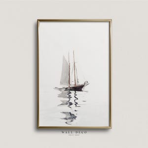Antique SailBoat Watercolor Painting, Vintage Nautical Art Print, Neutral Minimalist Boat Wall Art, Farmhouse Digital Printable Wall Decor