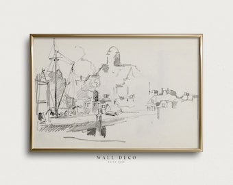 Vintage Hafen Skizze Druck, neutrale Stadtbild minimalistische Zeichnung Kunst (digitaler Download)