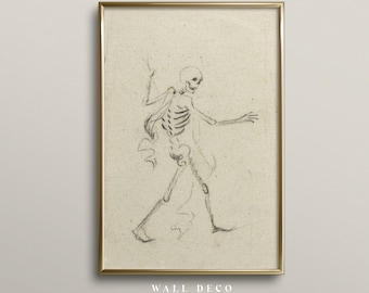 Vintage Halloween Skeleton Print, Human Skeleton Sketch, Farmhouse Halloween Art Print, Spooky Printable Wall Art, Dark Academia Wall Decor