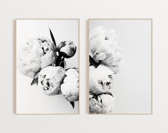 Set of 2 Black and White Peonies Prints Floral Prints Set Gift for Her Digital Printable Set Peony Wall Art Instant Download