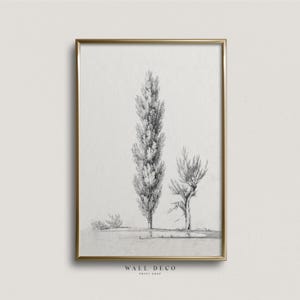 Minimalist Vintage Trees Sketch, Antique Landscape Drawing Art, Neutral Tree Drawing Print, Minimalist Farmhouse Digital Printable Decor