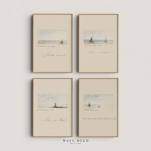 May include: Four framed vintage art prints. Each print features a watercolor seascape with sailboats under a cloudy sky. Handwritten script is below the seascape. The frames are gold.