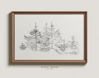 Vintage schets dennenboom: minimalistische winterlandschapskunst (digitale download)