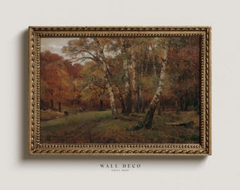 Vintage Fall Landscape Oil Painting: Moody Autumn Farmhouse Print (Digital Download)
