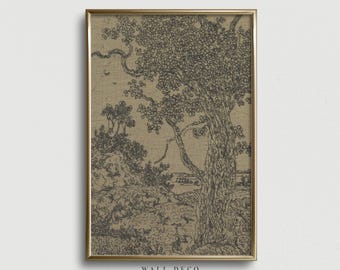 Vintage-Baumskizze als druckbare Wanddekoration im Landhausstil. Landschaftszeichnung mit Tusche, rustikales Baumposter im Gobelin-Stil.