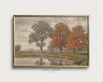 Herbstlandschaftsbild als Kunstdruck, Vintage-Wandbild mit Herbstbäumen, digitale Dekoration im Landhausstil