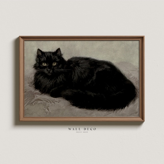 Vintage Black Cat Painting: Halloween Dark Academia Wall Art (Digital Download)