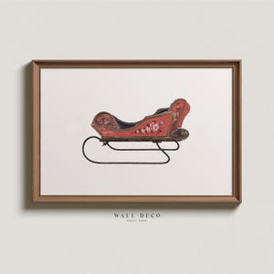 Antique Hand-Painted Wooden Sleigh, Vintage Christmas Art Print, Rustic Farmhouse Holidays Digital PRINTABLE Wall Decor