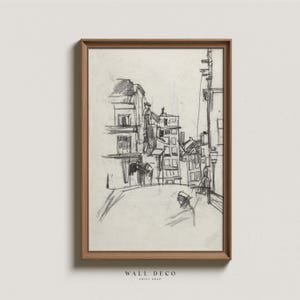 Antieke stadsgezicht Sketch Art Print: houtskoolarchitectuur (digitale download)