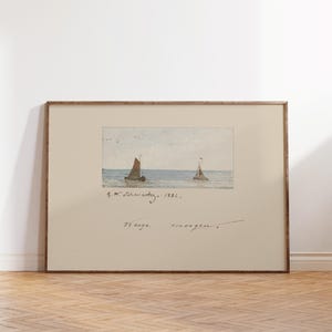 Puede incluir: Pintura de acuarela enmarcada de dos veleros en el mar. La pintura tiene un fondo beige claro y un marco de madera. La firma del artista y el a&ntilde;o 1882 son visibles. Los veleros tienen velas marrones y blancas.