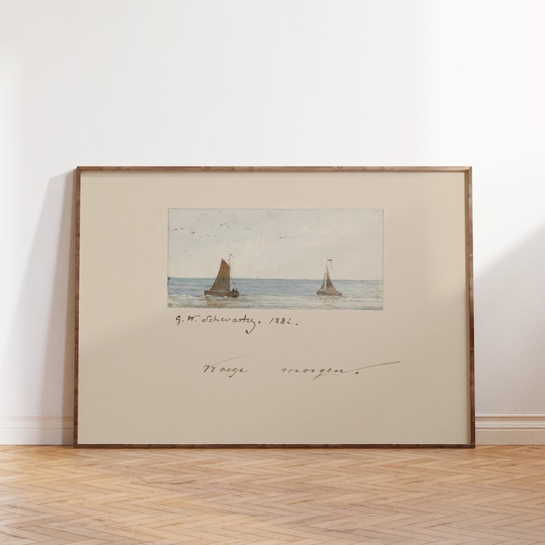 Puede incluir: Pintura de acuarela enmarcada de dos veleros en el mar. La pintura tiene un fondo beige claro y un marco de madera. La firma del artista y el a&ntilde;o 1882 son visibles. Los veleros tienen velas marrones y blancas.