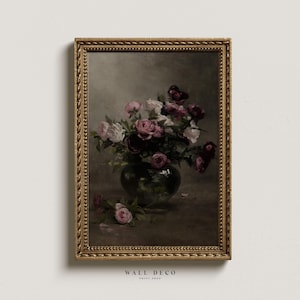 Vintage Roses Oil Painting: Moody Floral Still Life (Digital Printable)