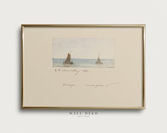 Antique Sailboat Watercolor Art Print, Vintage Seascape Minimal Drawing, Nautical Wall Decor