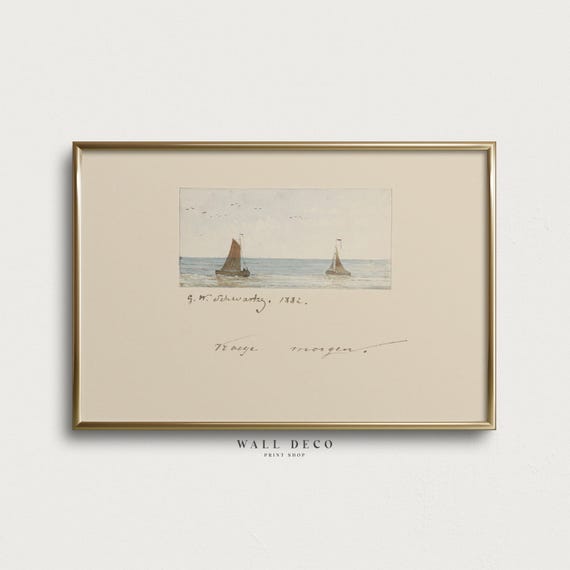 Antique Sailboat Watercolor Art Print, Vintage Seascape Minimal Drawing, Nautical Wall Decor