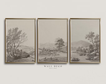 Ensemble d'impressions de dessins de paysages neutres : mur de la galerie de la ferme vintage (téléchargement numérique)