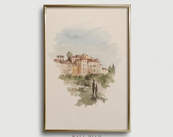 Vintage italienische Landschaft Aquarellmalerei, neutrale mediterrane Landschaftskunst (digital druckbar)