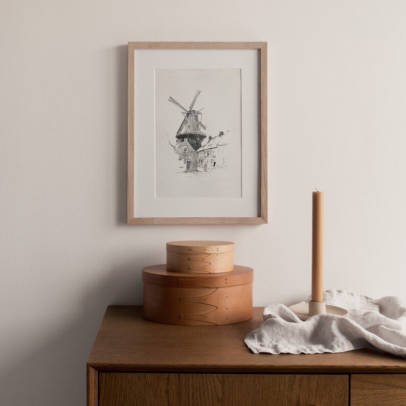 Vintage Windmill Sketch Print, Antique Drawing Art, Farmhouse Wall Art, Digital Printable image 3