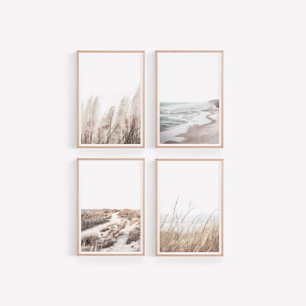 Coastal Prints Set, Set of 4 Wall Art, Neutral Tone Wall Decor, Beach Print, Pampas Grass Wall Art, Coastal Photography, Beach Set of 4 Art