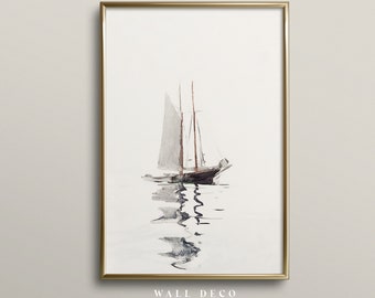 Aquarelle ancienne de voilier, impression de bateau vintage, art mural ferme, art numérique imprimable, téléchargement immédiat