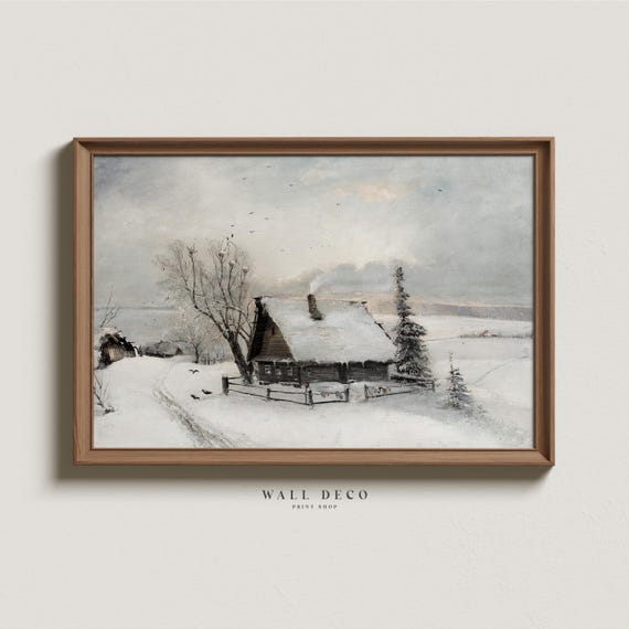 Vintage Winter Landscape Painting: Snowy Country House Art (Digital Download)