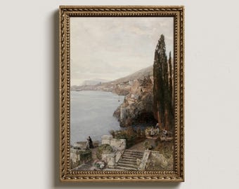 Vintage Italy Coast Oil Painting: Mediterranean Seascape Art (Digital Printable)
