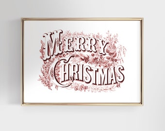 Vintage Christmas Wall Art, Antique Christmas Typography Print, Merry Christmas Art Print, Winter Holiday Digital Printable Wall Decor