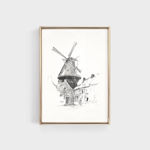 Vintage Windmill Sketch Print, Antique Drawing Art, Farmhouse Wall Art, Digital Printable image 1