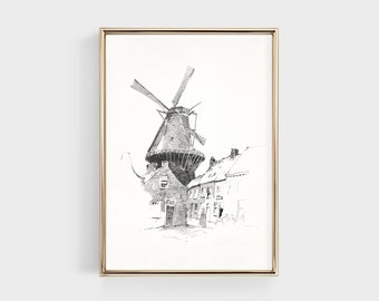 Vintage Windmill Sketch Print, Antique Drawing Art, Farmhouse Wall Art, Digital Printable