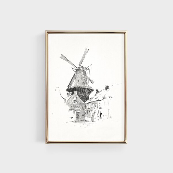 Vintage Windmill Sketch Print, Antique Drawing Art, Farmhouse Wall Art, Digital Printable