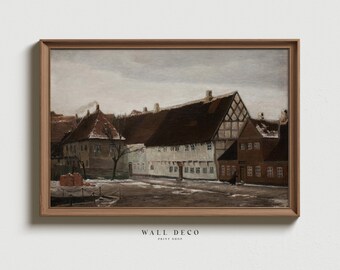Vintage Winter Village Painting: European Town Wall Art Print (Digital Download)