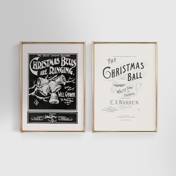 Set of 2 Christmas Typography Print, Vintage Christmas Wall Art Set, Antique Winter Holiday Posters, Farmhouse Christmas Digital Printable