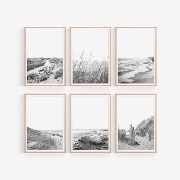 Coastal Landscape Prints Set, Beach Wall Gallery Set of 6, Coasts Black and White Photography, Digital Printable Downloads
