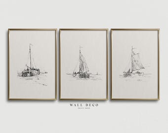 Vintage-Nautikskizzen-Kunstdrucke, 3er-Set, minimalistische Küsten-Wandkunst (digital druckbar)
