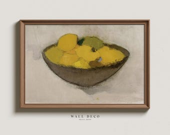 Puede incluir: Una pintura de un tazón lleno de fruta amarilla y verde. El tazón es marrón y tiene un fondo blanco.